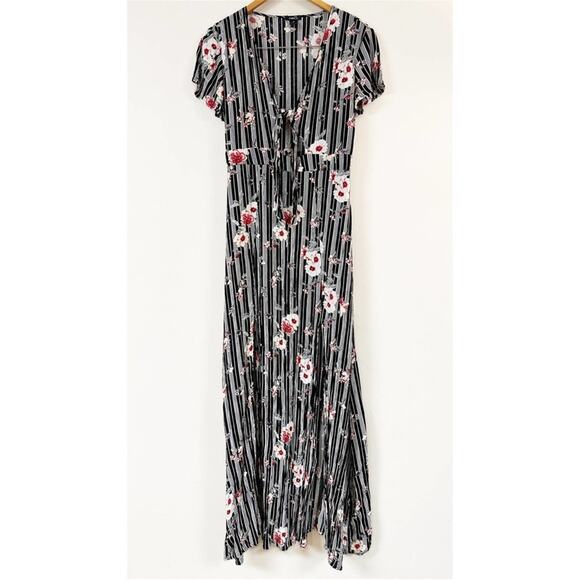 RUE21 Maxi Dress Womens Size Small Floral Print Striped Front Tie Side Slits - Picture 1 of 7